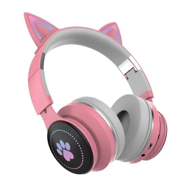 Fone Bluetooth de Gatinho Rosa Claro com Iluminação LED