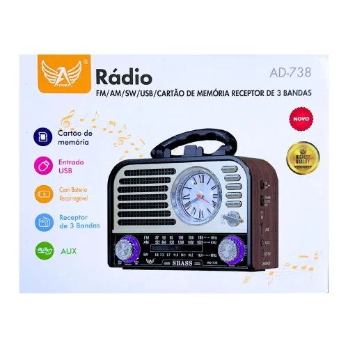 Rádio Retrô Portátil AM/FM Bluetooth Com Lanterna AD-738 - Imagem 2